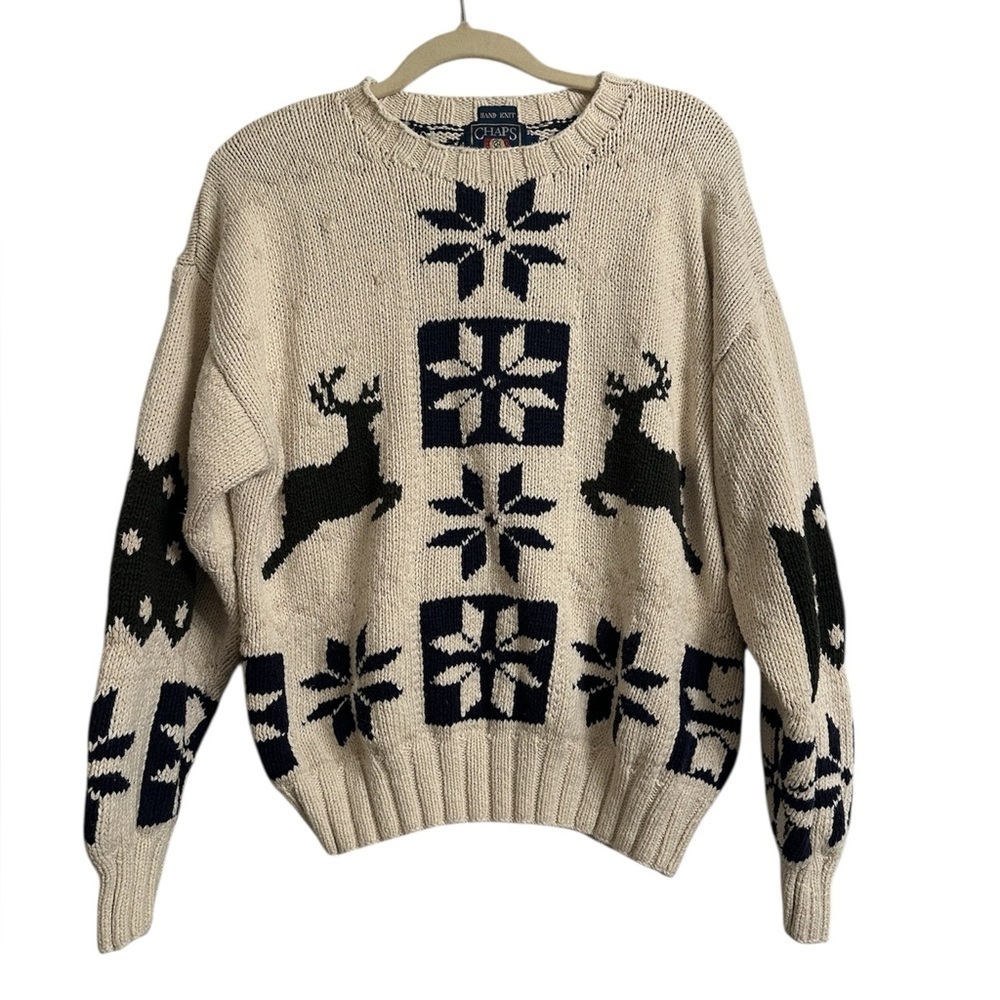Vintage Chaps Ralph Lauren Hand-Knit Fair Isle Reindeer Sweater M Linen Cotton - Picture 2 of 9